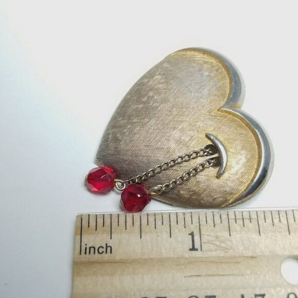 Vintage JJ Heart Shape Crying Eye Brooch, Gold Tone, Red Beads, Signed Estate - Picture 5 of 7